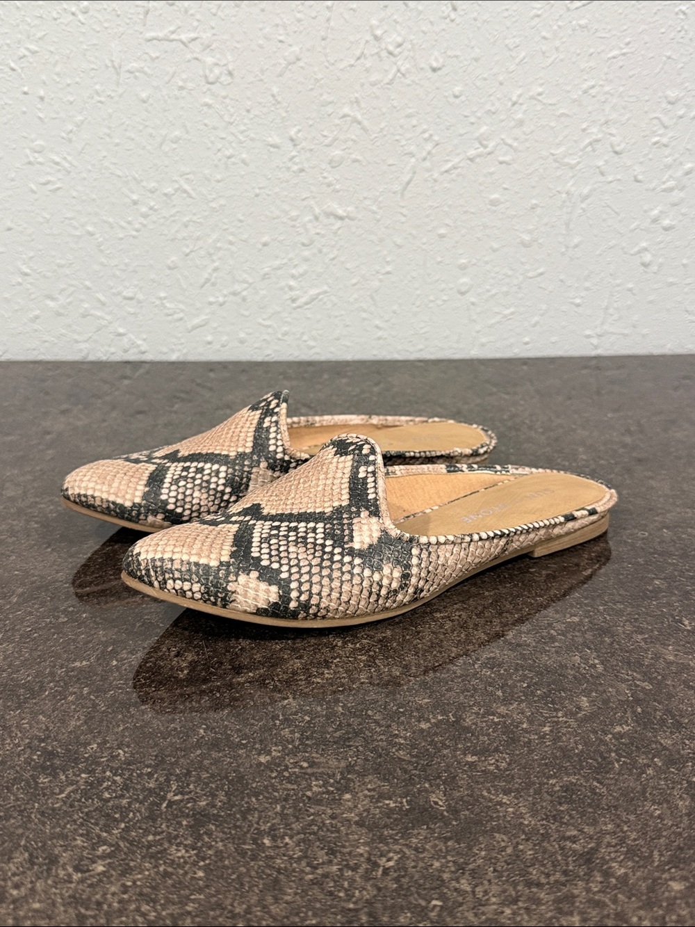 Sun + Stone Snake-Print Slip-On Mules in Beige and Black Size 5.5